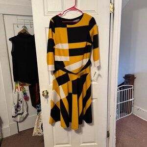 Danny & Nicole 3/4 sleeve black, gold, and white color block midi dress. NWT. 16